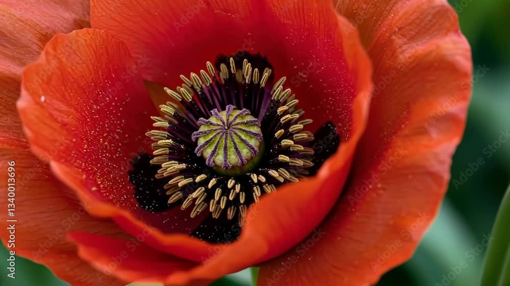 Close-up view of a vibrant red poppy flower showcasing intricate details of its petals and center Close-up view of a vibrant red poppy flower showcasing intricate details of its petals and center