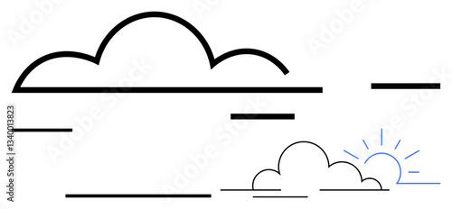 Abstract clouds with horizontal lines and a rising sun emitting rays. Ideal for weather, optimism, beginnings, clarity, serenity, simplicity, and growth. Flat simple metaphor