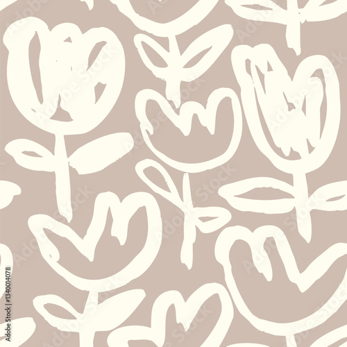 Bold vector painted flowers seamless pattern, minimalist boho floral decor background in light neutral colors