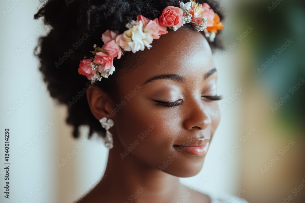 Fototapeta premium Serene Black Woman with Flower Crown - Peaceful Portrait of Elegant Beauty with Eyes Closed in Soft Light