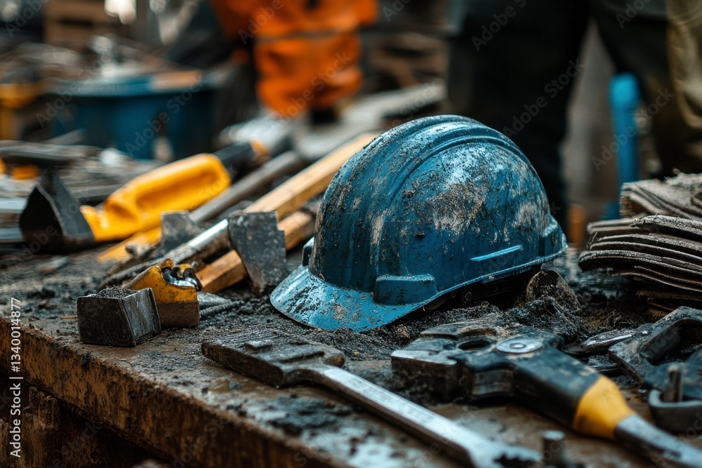 Fototapeta premium Dirty Blue Hard Hat Among Construction Tools on Messy Industrial Workbench