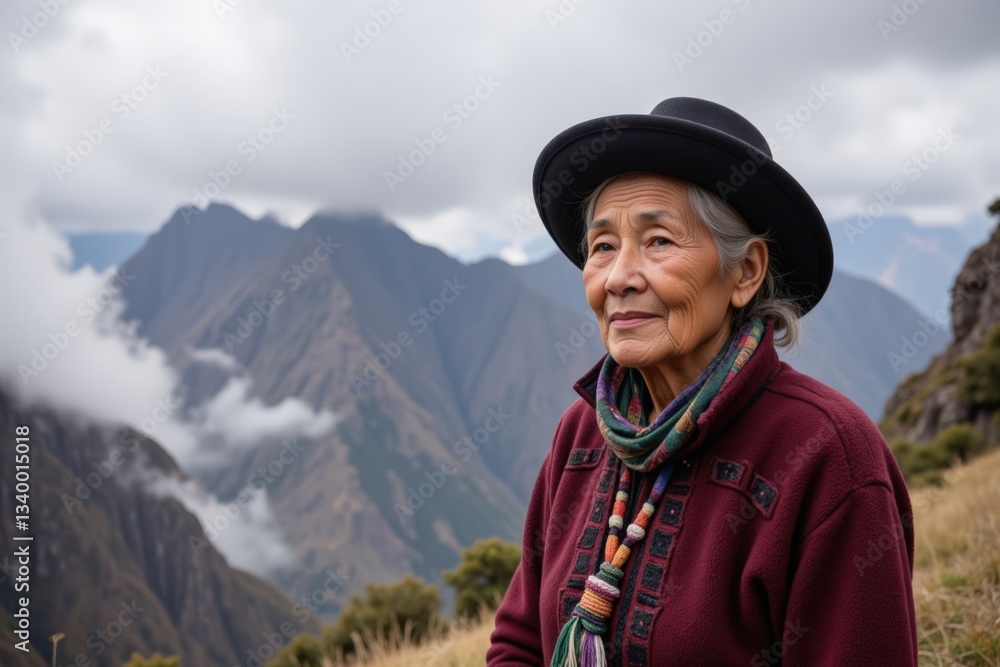 Elderly Indigenous Woman in Traditional Attire Against Majestic Mountain Landscape in Peru, Full of Cultural Richness and Natural Beauty Elderly Indigenous Woman in Traditional Attire Against Majestic Mountain Landscape in Peru, Full of Cultural Richness and Natural Beauty