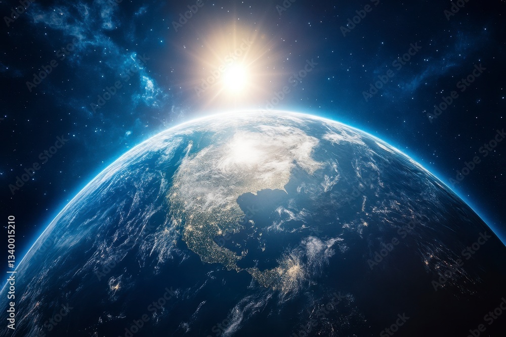 Obraz premium Earth from space, sunrise, glowing atmosphere, city lights at night, cosmos view