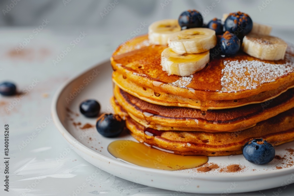 Stack of pancakes with berries and syrup drizzle. AI generated Stack of pancakes with berries and syrup drizzle. AI generated