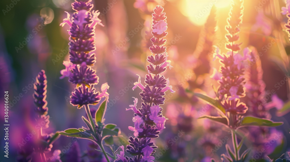 Obraz premium Vibrant purple flowers in sunlit garden create serene atmosphere. soft glow enhances beauty of nature, inviting tranquility