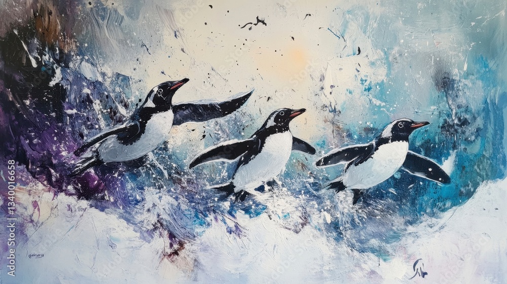 Fototapeta premium Penguins in Dynamic Flight Art