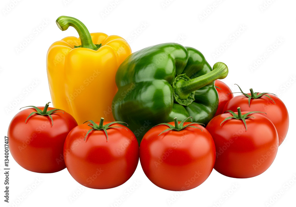 Green and yellow peppers bell with tomatoes isolated on white background Green and yellow peppers bell with tomatoes isolated on white background