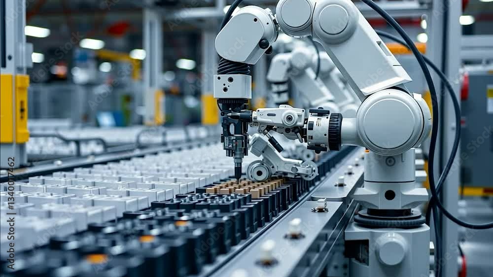 Automated precision, robotic arms working on assembly line in factory Automated precision, robotic arms working on assembly line in factory