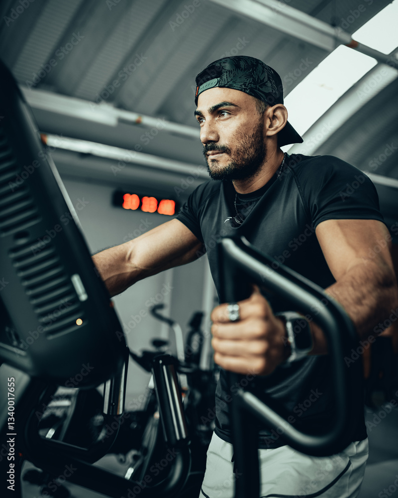 Hombre de 30 años haciendo ejercicio en un gimnasio de Bogotá, Colombia
