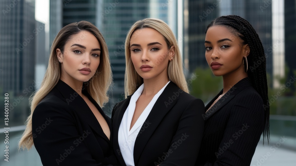Three confident women in business attire standing in a modern cityscape Three confident women in business attire standing in a modern cityscape