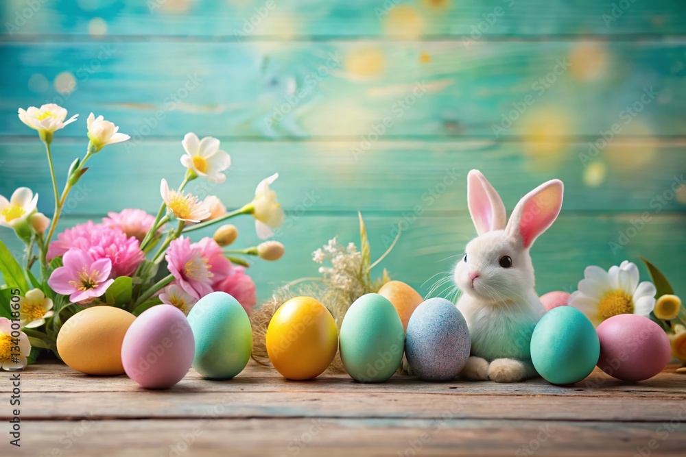 Cute Easter Egg Composition with Copy Space: Pastel Colored Eggs, Spring Flowers & Bunny Cute Easter Egg Composition with Copy Space: Pastel Colored Eggs, Spring Flowers & Bunny