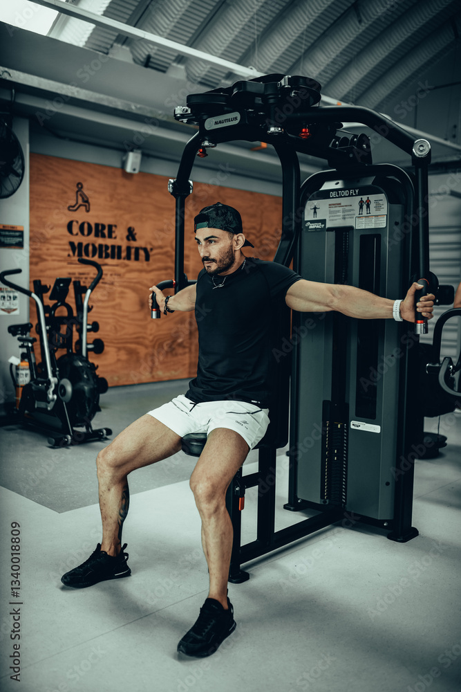 Hombre de 30 años haciendo ejercicio en un gimnasio de Bogotá, Colombia