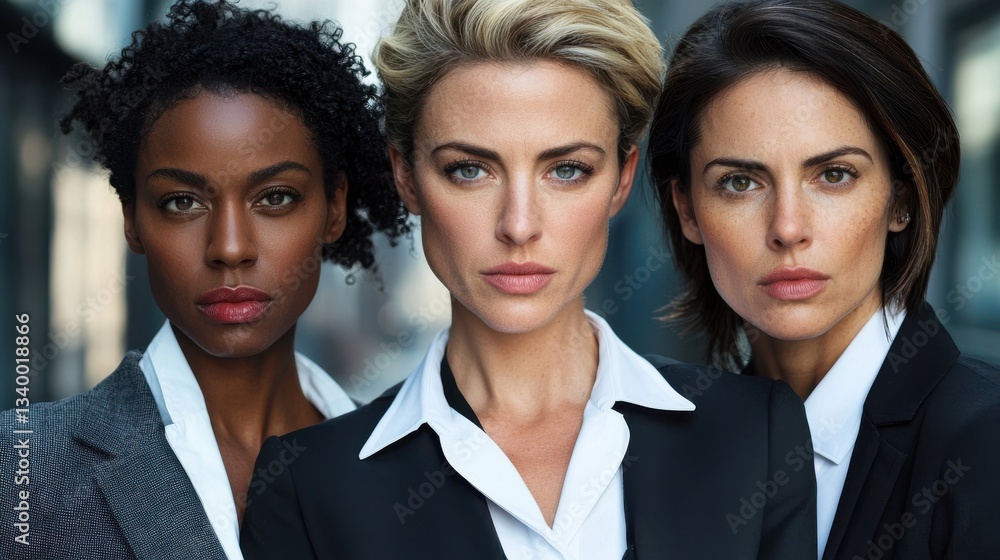 Three professional women in business attire standing confidently in an urban setting Three professional women in business attire standing confidently in an urban setting