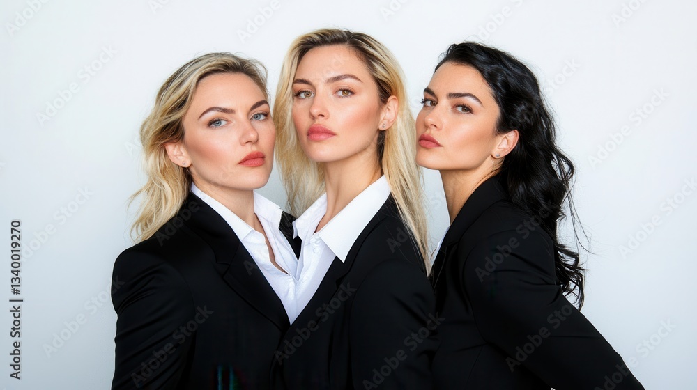 Three women in black blazers and white shirts standing side by side against a white background Three women in black blazers and white shirts standing side by side against a white background
