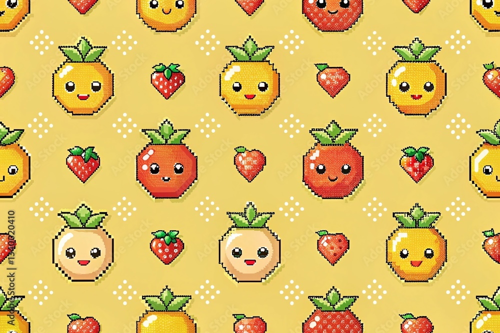 Naklejka premium Cute Pixel Art Fruit Cartoon Characters Pattern, Yellow Background, Low Light Photography Style