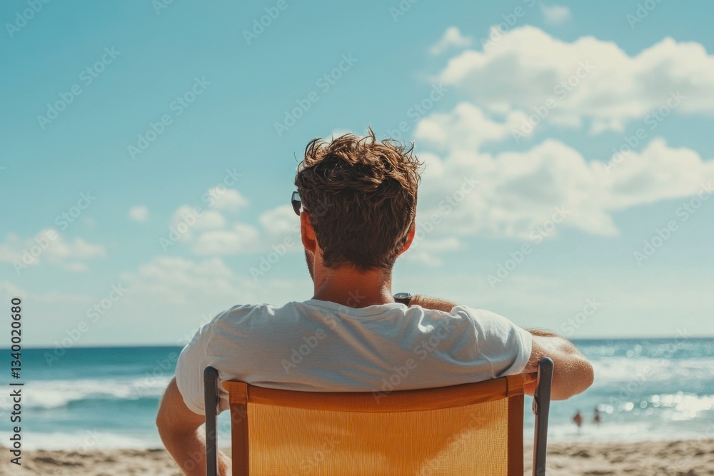 Fototapeta premium Man Relaxing in Beach Chair Overlooking the Ocean on Summer Vacation Day