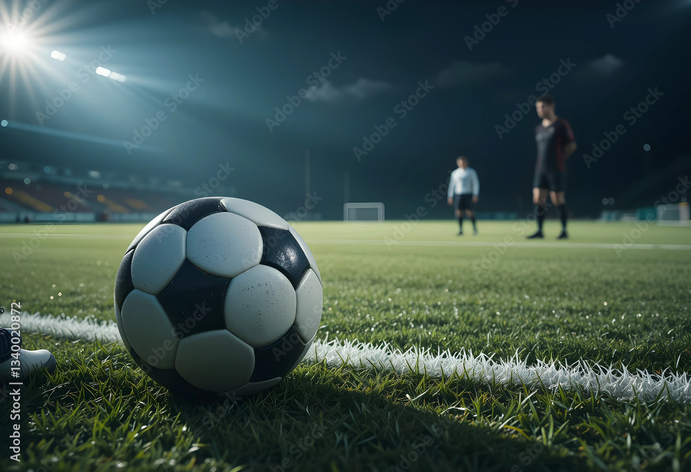 Soccer player and ball on a green field in a stadium Soccer player and ball on a green field in a stadium