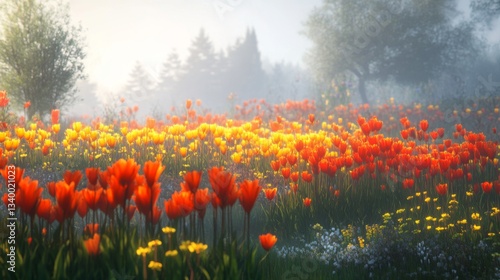 Vibrant Field of Red and Yellow Tulips in Misty Sunlight Nature Scene