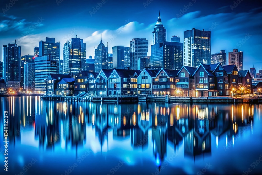 Fototapeta premium Dark Blue City Skyline Reflection, Blue Houses, Night Cityscape, Urban Architecture, Water Reflection