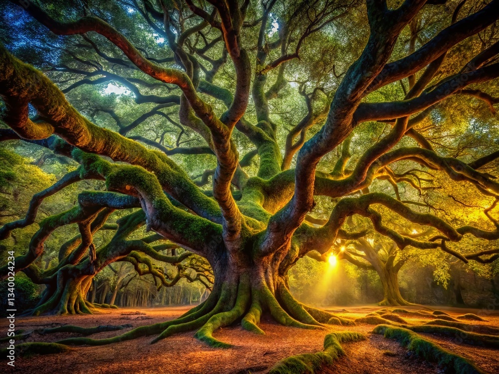 Naklejka premium Dark Forest, Ancient Oak Trees, Low Light, Classical Painting, Mossy Branches