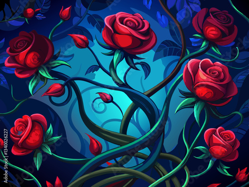 vector of  A dark and moody image of red roses blooming on twisting vines, with a deep blue background.