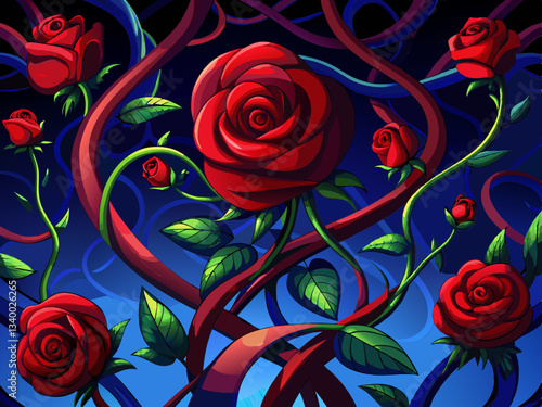 vector of  A dark and moody image of red roses blooming on twisting vines, with a deep blue background.