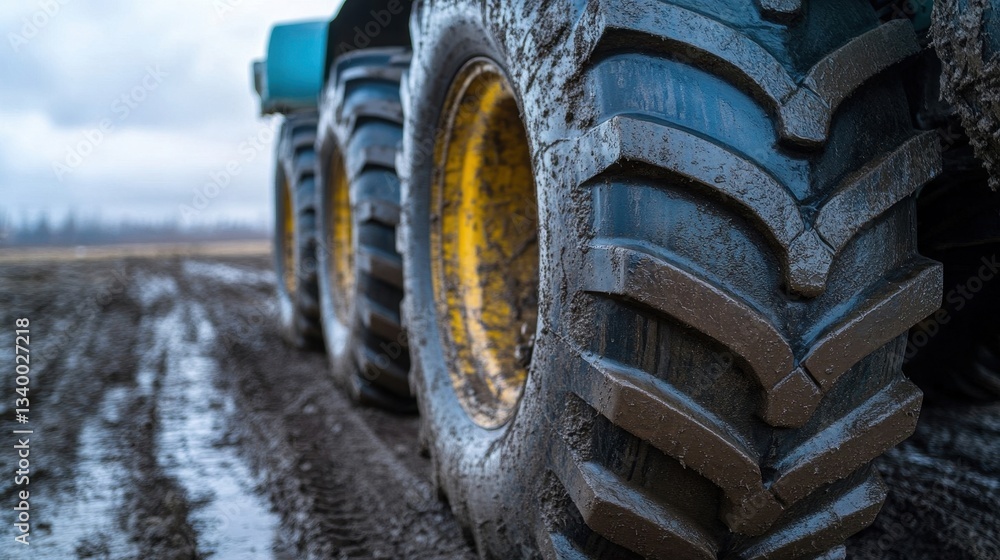 Large tractor tires rolling through muddy field on cloudy day Large tractor tires rolling through muddy field on cloudy day