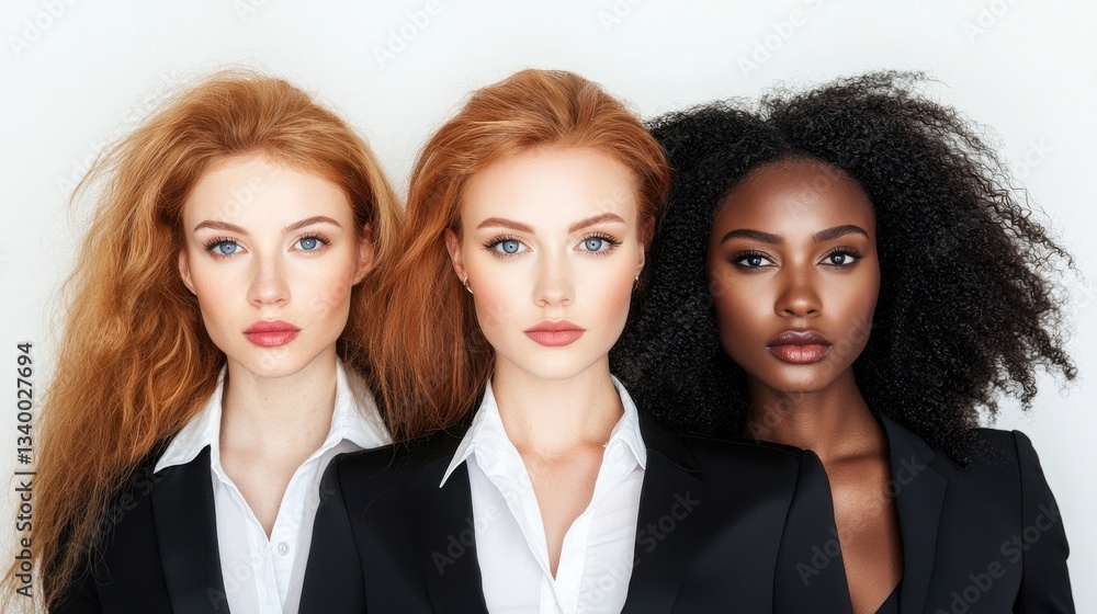 Three individuals in professional attire standing side by side against a white background Three individuals in professional attire standing side by side against a white background