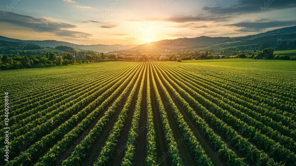 Vineyard Rows Basking In Sunset Light Across Rolling Hills Vineyard Rows Basking In Sunset Light Across Rolling Hills