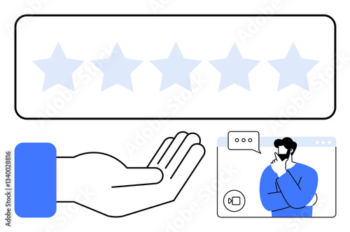 Five stars, open hand, and man in virtual conversation frame represent customer satisfaction, support, and digital communication. Ideal for feedback, online service, virtual interaction, trust
