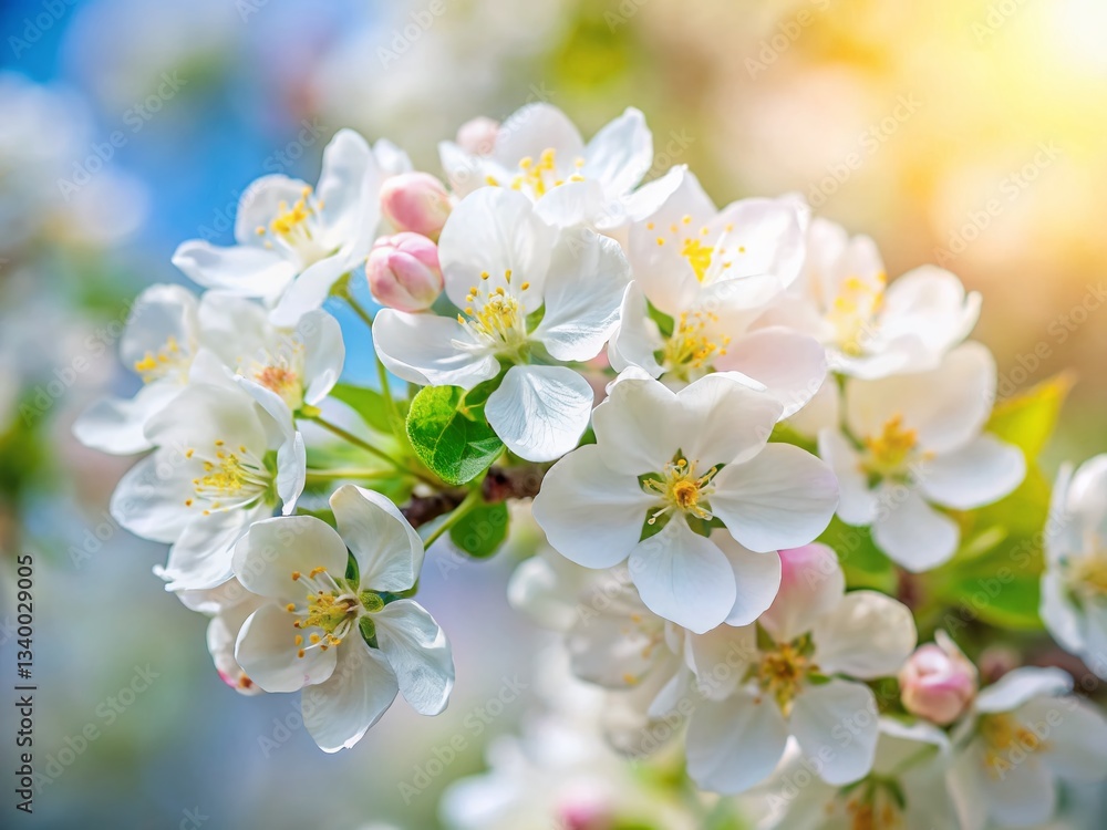 Delicate White Apple Blossoms on Branch, Spring Floral Background Delicate White Apple Blossoms on Branch, Spring Floral Background
