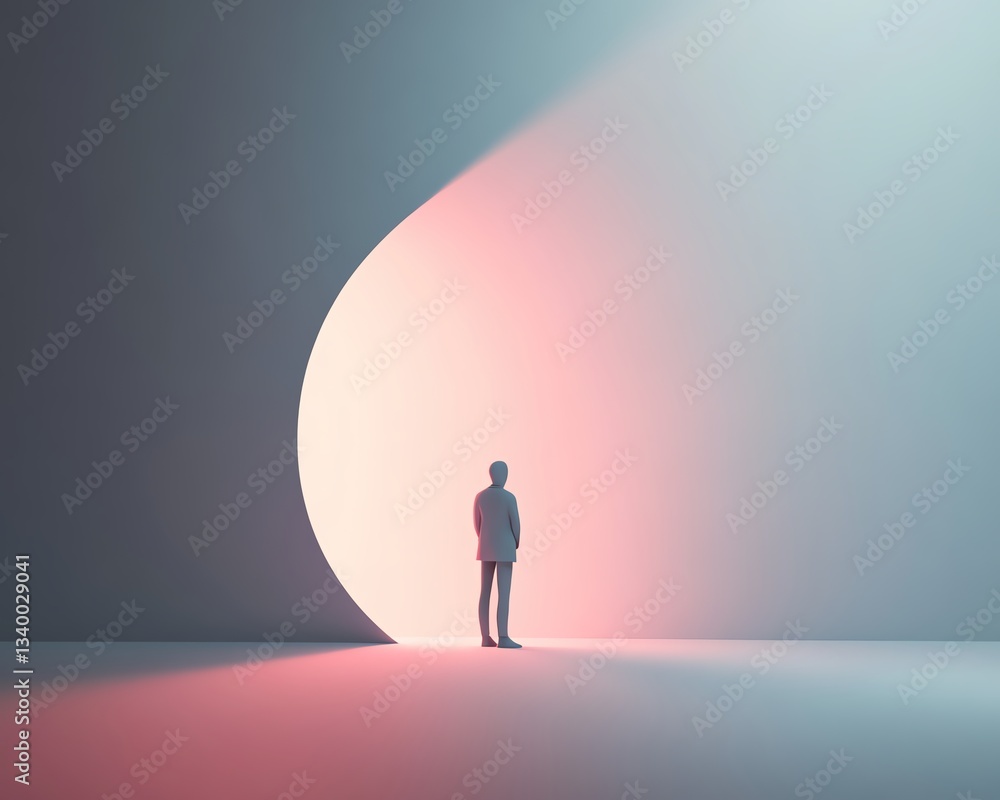 Obraz premium Silhouette Standing at the Edge of a Glowing Curve in a Modern Abstract Setting