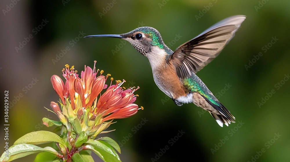 Fototapeta premium Dazzling hummingbird hovering near a vibrant flower its iridescent feathers shimmering in the soft morning light