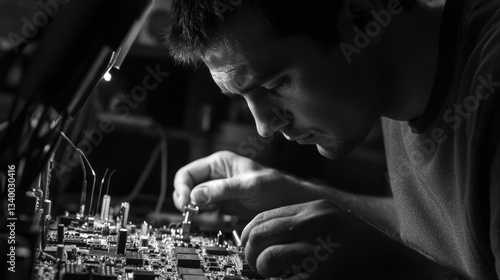 A man meticulously working on a circuit board with care