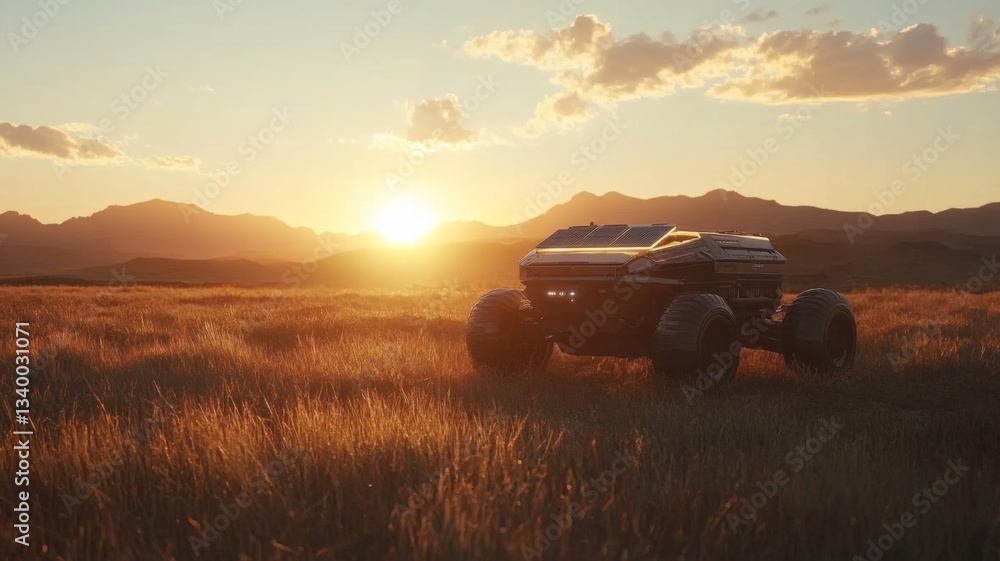 Fototapeta premium Futuristic Solar Powered Vehicle In Golden Sunset Field