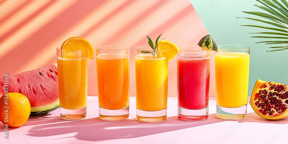 Fototapeta premium Refreshing Fruit Juices Displayed on a Colorful Background With Tropical Elements at a Sunny Afternoon Gathering