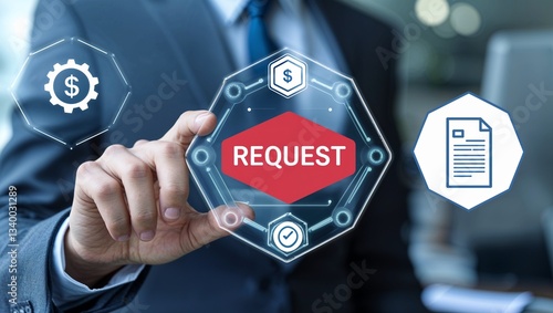 businessman  pressing virtual request button showing icons with finance and document approval. request. online requested submitted. 