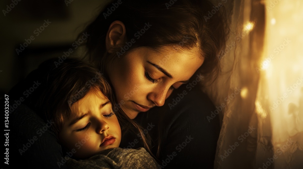 A mother comforting her child after a bad dream, soft lighting --ar 16:9 --v 6.1 Job ID: ff137263-3971-4d2e-a46e-222c00c15dd4 A mother comforting her child after a bad dream, soft lighting --ar 16:9 --v 6.1 Job ID: ff137263-3971-4d2e-a46e-222c00c15dd4