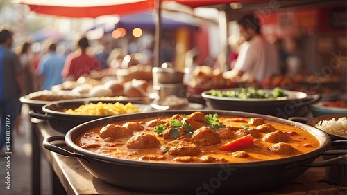 A vibrant display of various stews and dishes in large metal pots at a bustling food market. photo