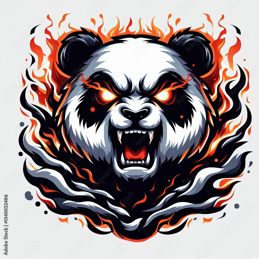 Fototapeta premium Furious fiery panda head, ferocious beast surrounded by burning flames