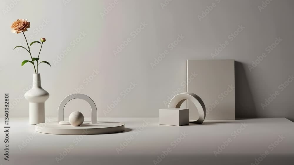 Minimalist still life featuring geometric shapes and a flower in a serene setting Minimalist still life featuring geometric shapes and a flower in a serene setting