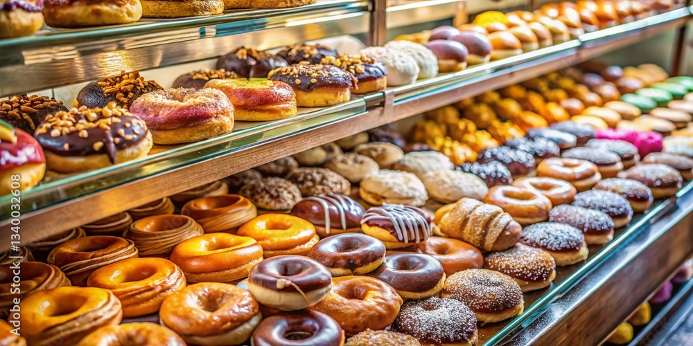 Delicious Glazed Donuts and Pastries Displayed in a Bakery Shop Window Delicious Glazed Donuts and Pastries Displayed in a Bakery Shop Window