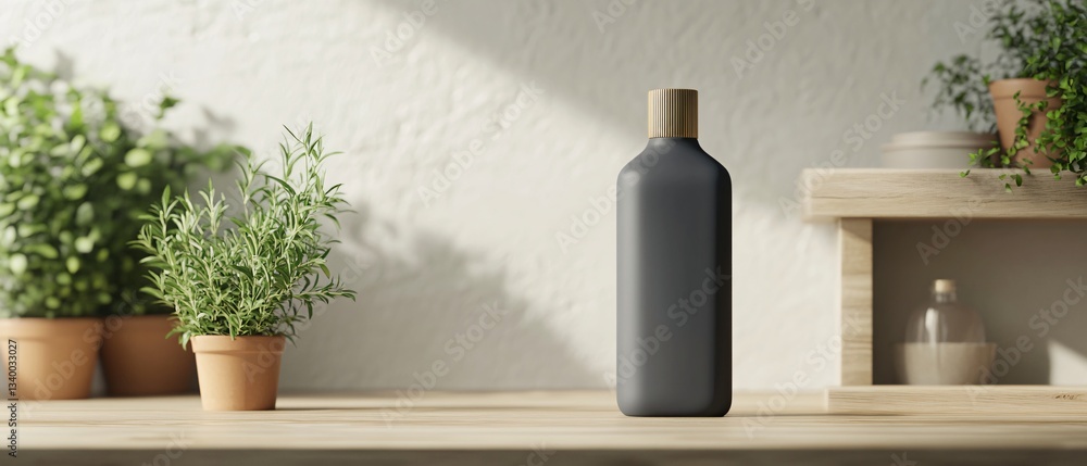 Fototapeta premium Brushed Metal Olive Oil Bottle, Fine Dining Private Booth, Velvet Seats, Golden Pendant Lights. Fine dining. Copy space. Generative AI 