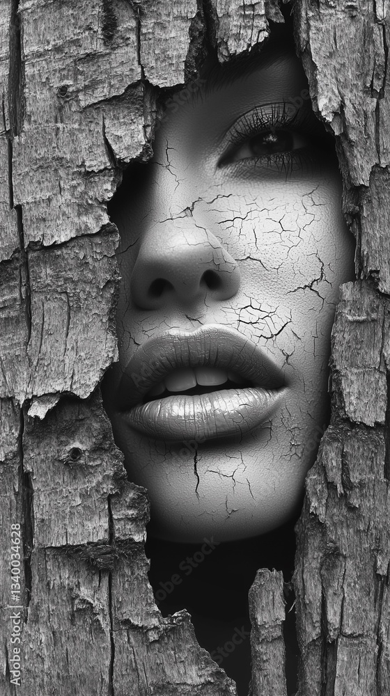 A close-up, monochrome image depicts a woman's face partially obscured by a heavily textured, cracked surface. The texture resembles cracked bark or dry earth. The contrast between the smooth skin A close-up, monochrome image depicts a woman's face partially obscured by a heavily textured, cracked surface. The texture resembles cracked bark or dry earth. The contrast between the smooth skin