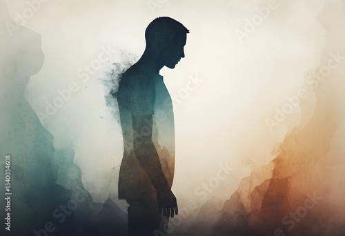 A fading silhouette dissolving into the background, symbolizing emotional exhaustion and losing oneself to stress or depression. A minimalist abstract concept for mental health themes.