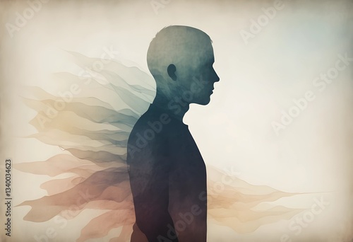 A fading silhouette dissolving into the background, symbolizing emotional exhaustion and losing oneself to stress or depression. A minimalist abstract concept for mental health themes.