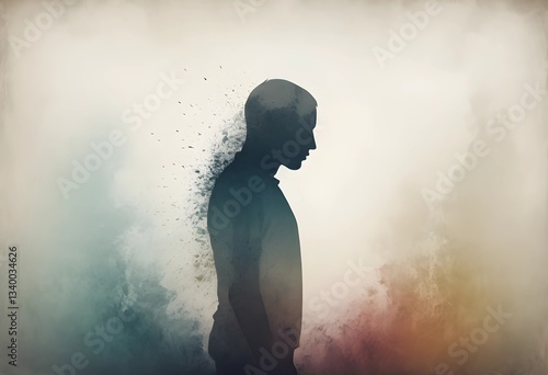 A fading silhouette dissolving into the background, symbolizing emotional exhaustion and losing oneself to stress or depression. A minimalist abstract concept for mental health themes.