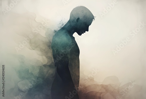 A fading silhouette dissolving into the background, symbolizing emotional exhaustion and losing oneself to stress or depression. A minimalist abstract concept for mental health themes.
