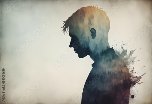 A fading silhouette dissolving into the background, symbolizing emotional exhaustion and losing oneself to stress or depression. A minimalist abstract concept for mental health themes.