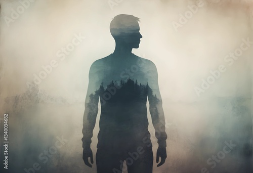A fading silhouette dissolving into the background, symbolizing emotional exhaustion and losing oneself to stress or depression. A minimalist abstract concept for mental health themes.